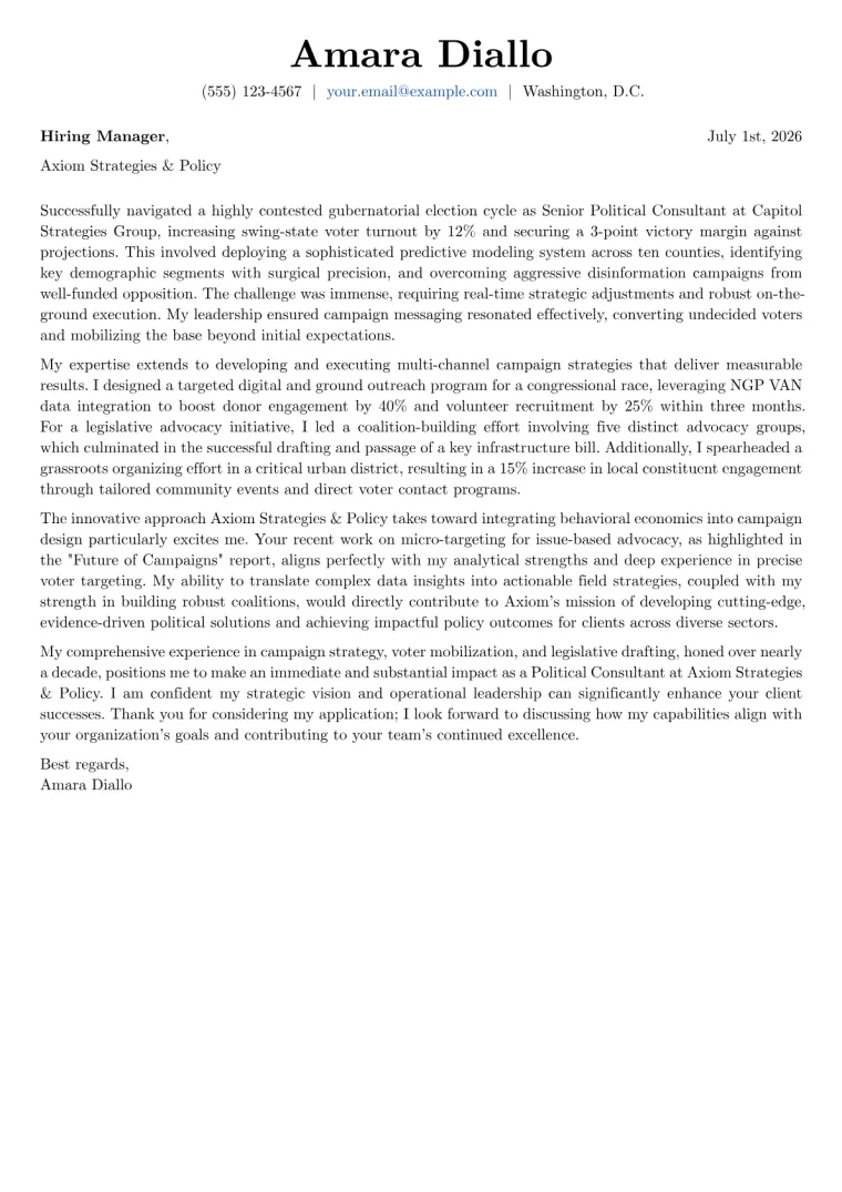Political Consultant cover letter example preview