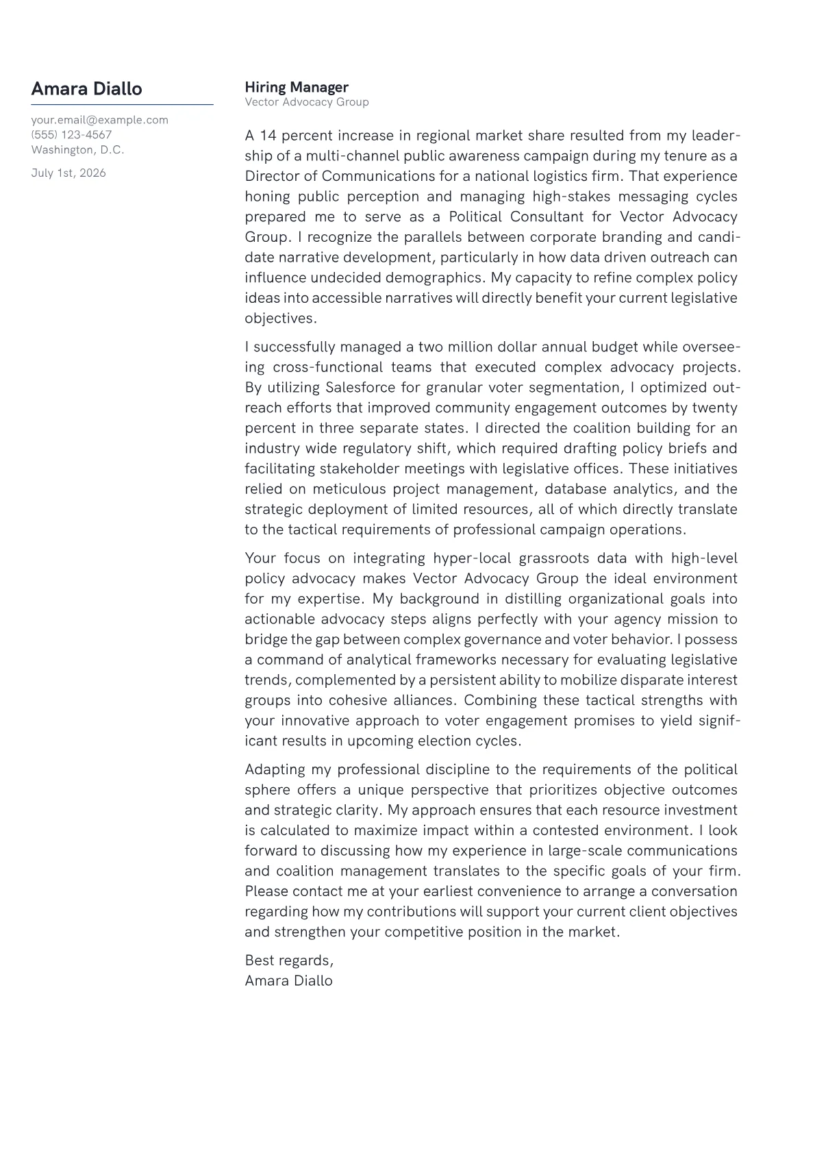 Political Consultant cover letter in the Margin design