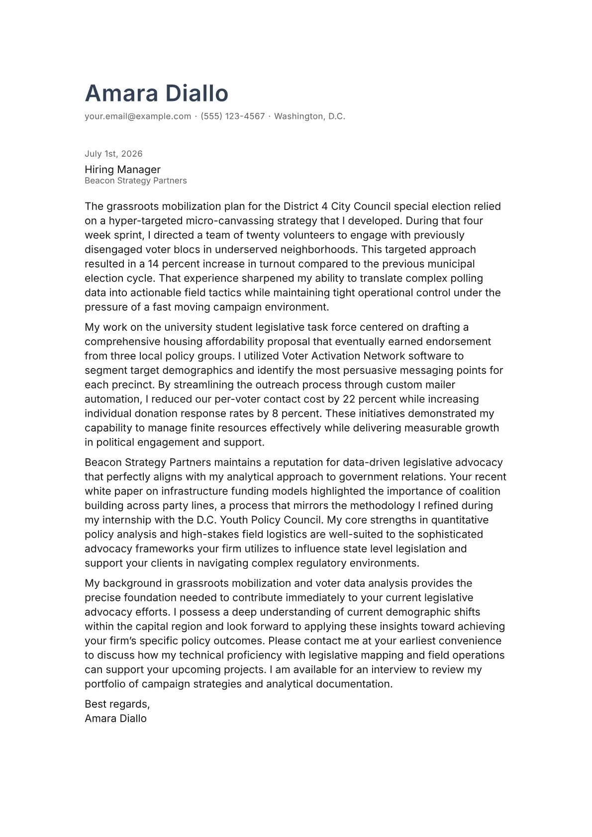 Political Consultant cover letter in the Minimal design