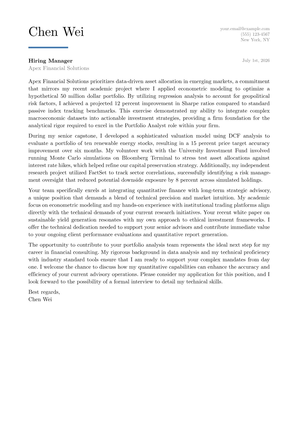 Portfolio Analyst cover letter in the Executive design