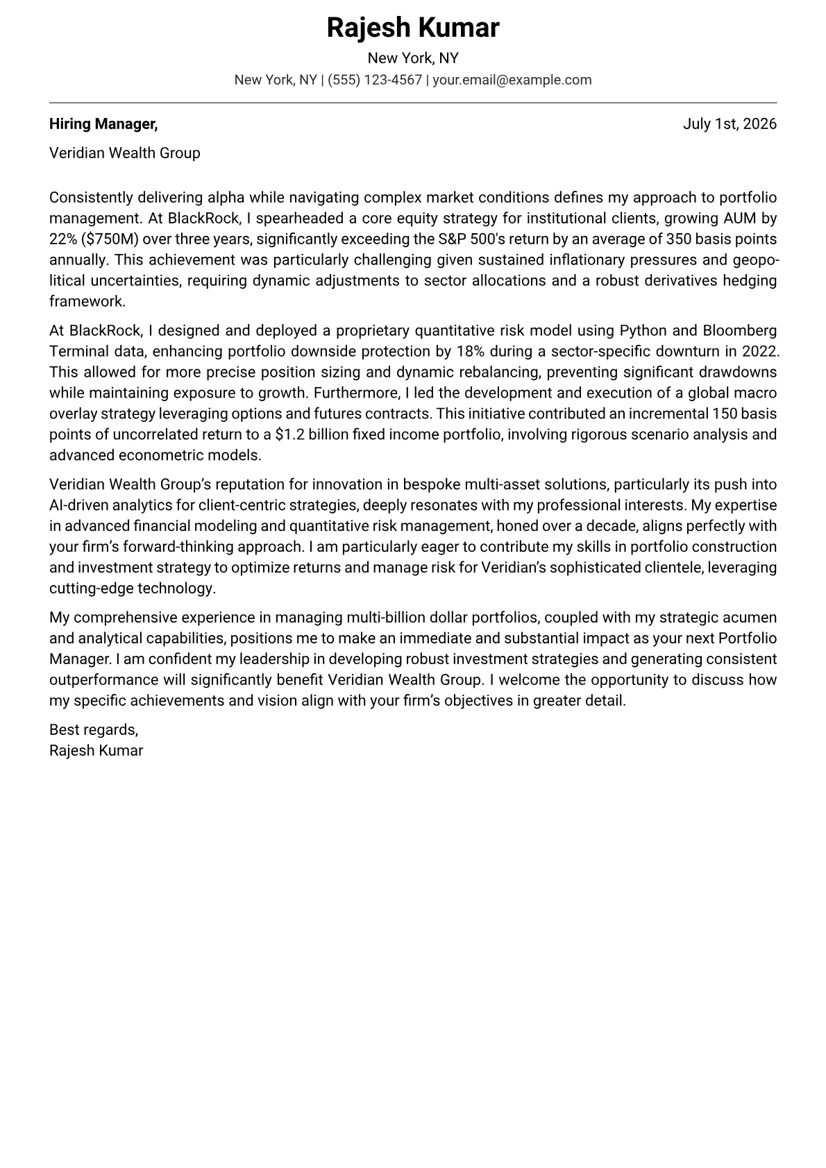 Portfolio Manager cover letter formatted with a JobSprout template