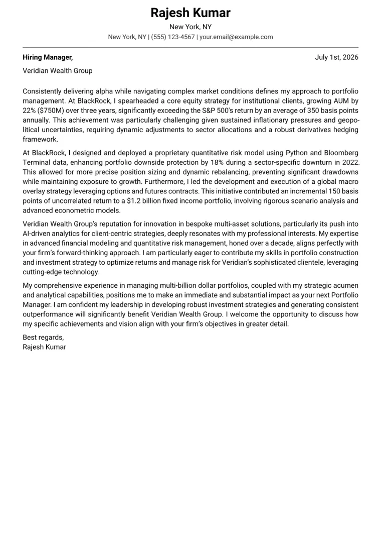 Portfolio Manager cover letter example preview