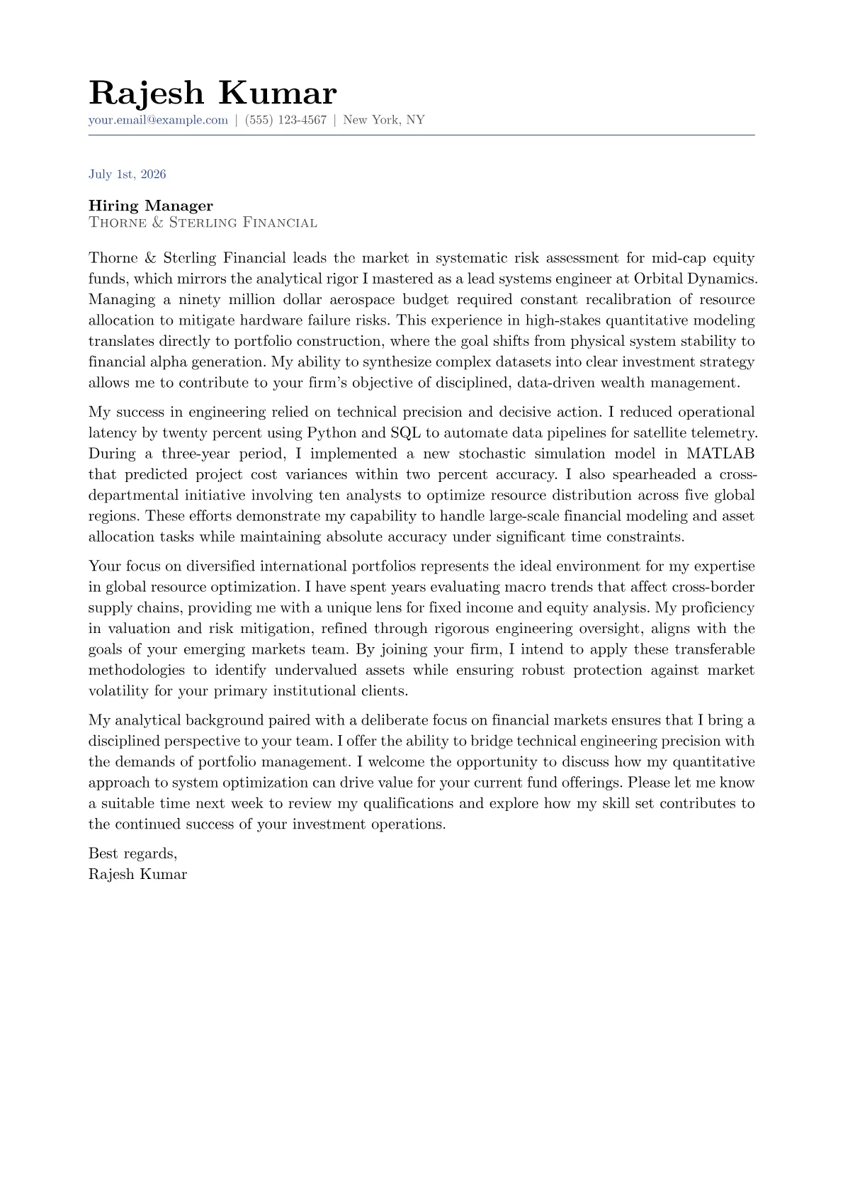 Portfolio Manager cover letter in the Classic design