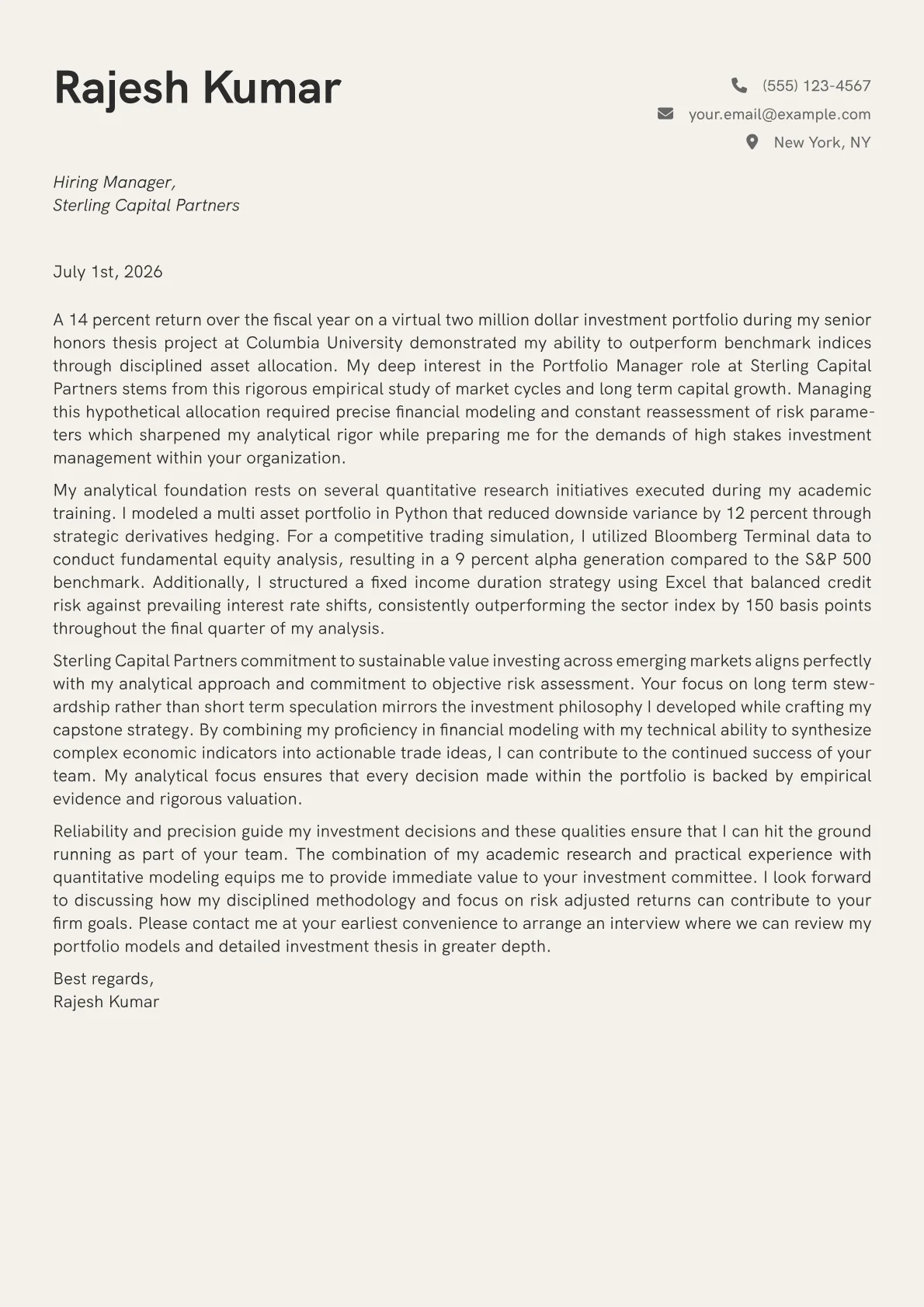 Portfolio Manager cover letter in the Creative design