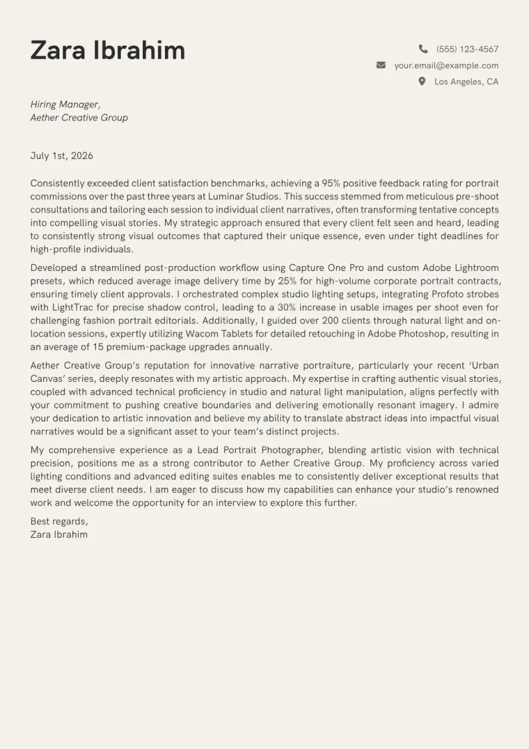 Portrait Photographer Cover Letter Example