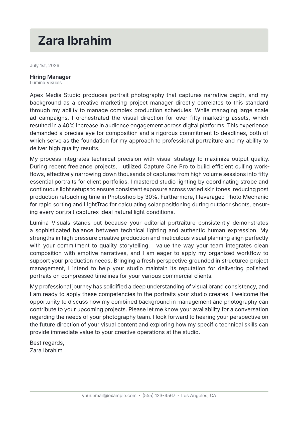 Portrait Photographer cover letter in the Letterhead design