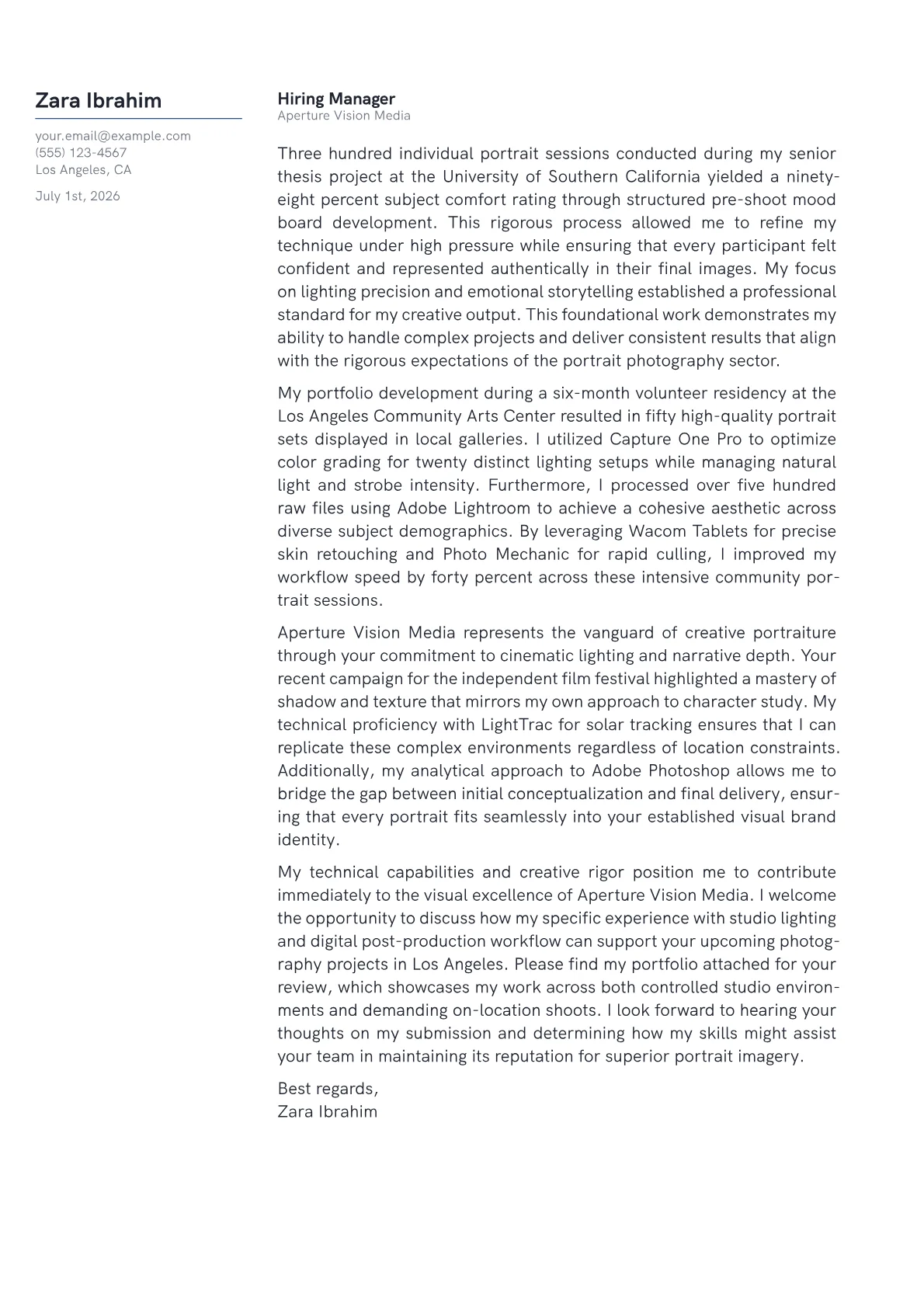 Portrait Photographer cover letter in the Margin design