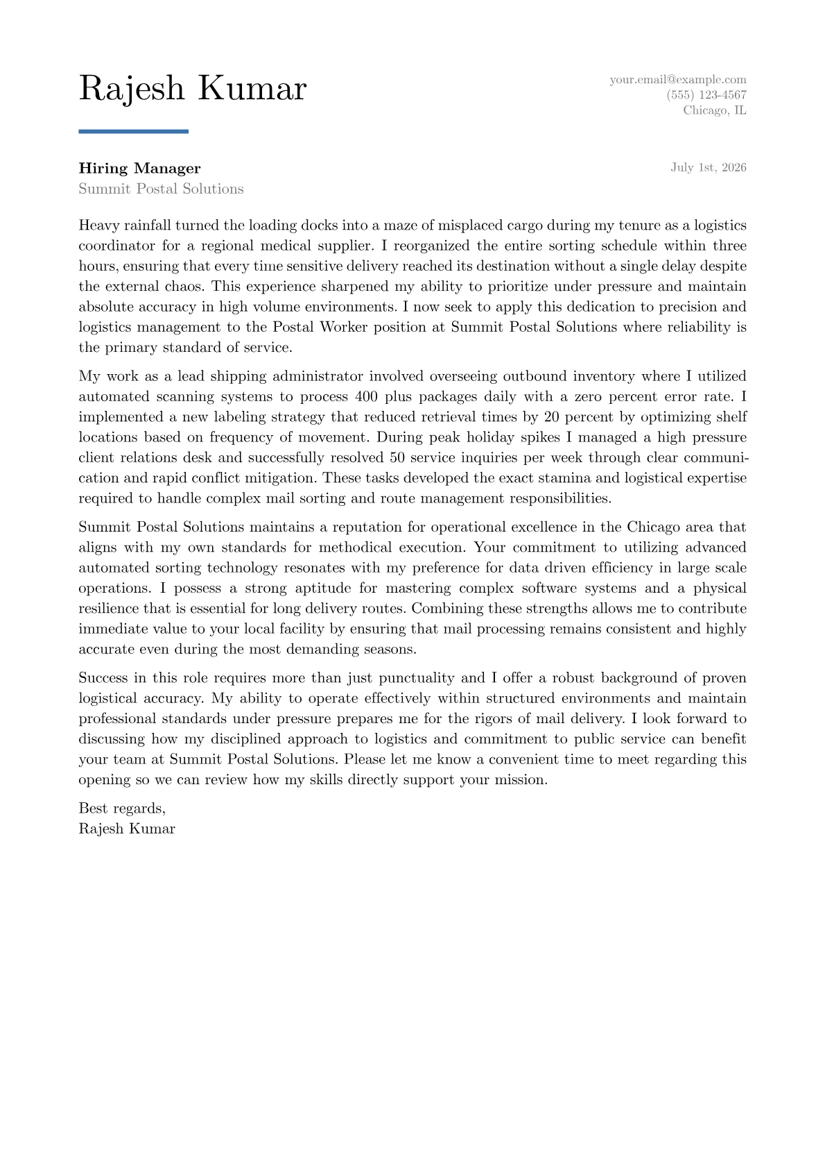 Postal Worker cover letter in the Executive design