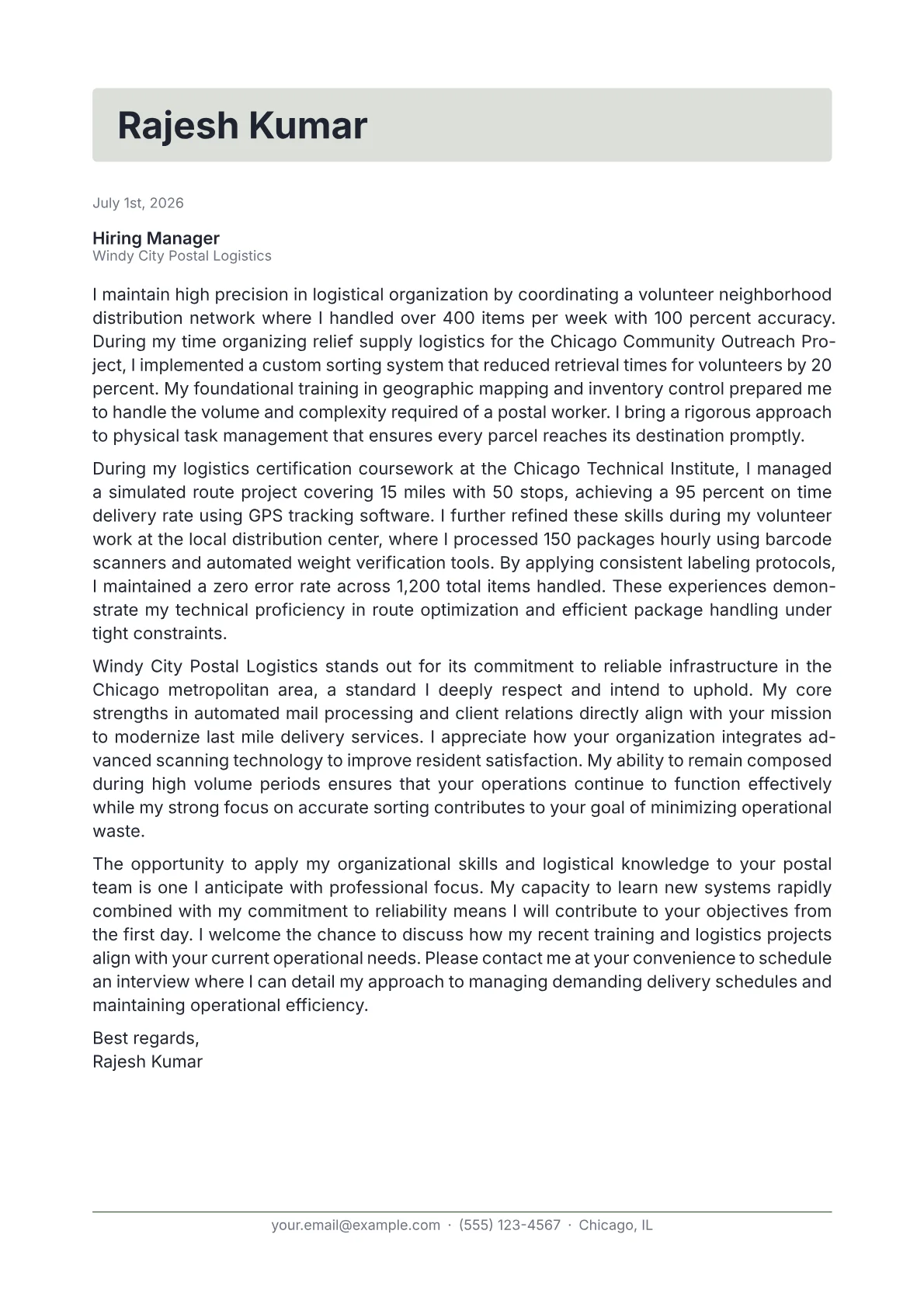 Postal Worker cover letter in the Letterhead design