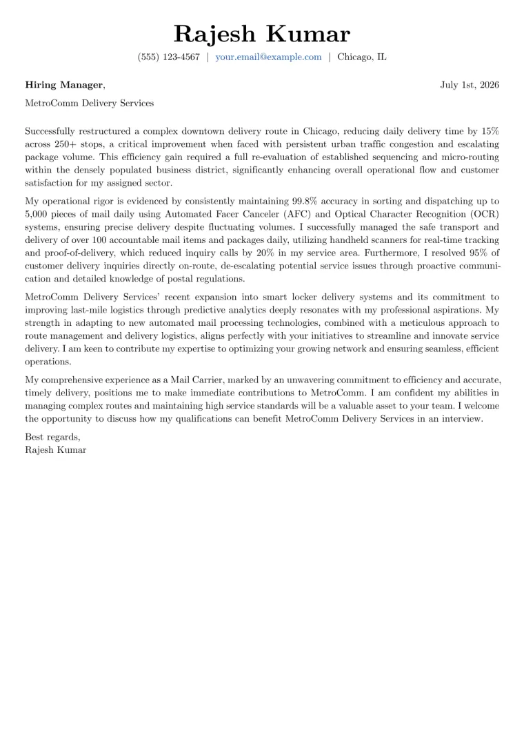 Postal Worker Cover Letter Example