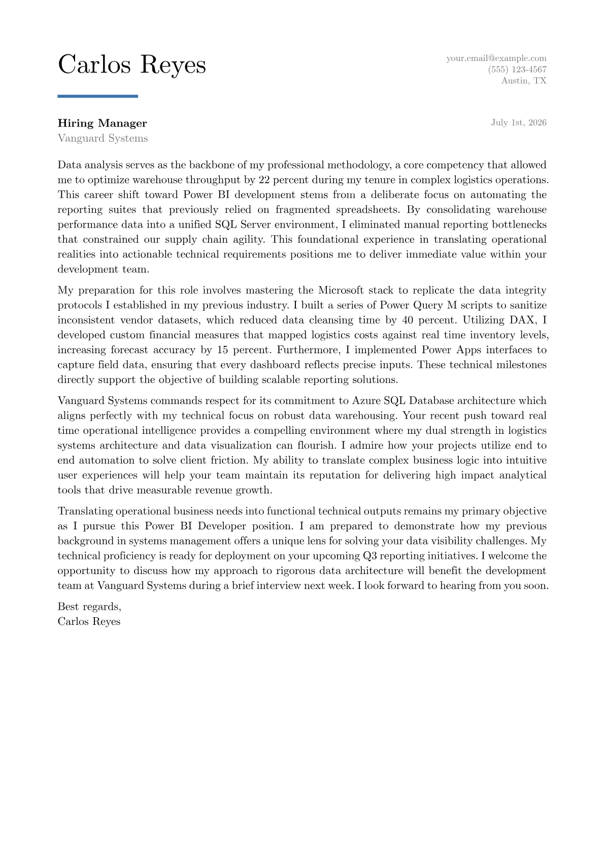 Power BI Developer cover letter in the Executive design