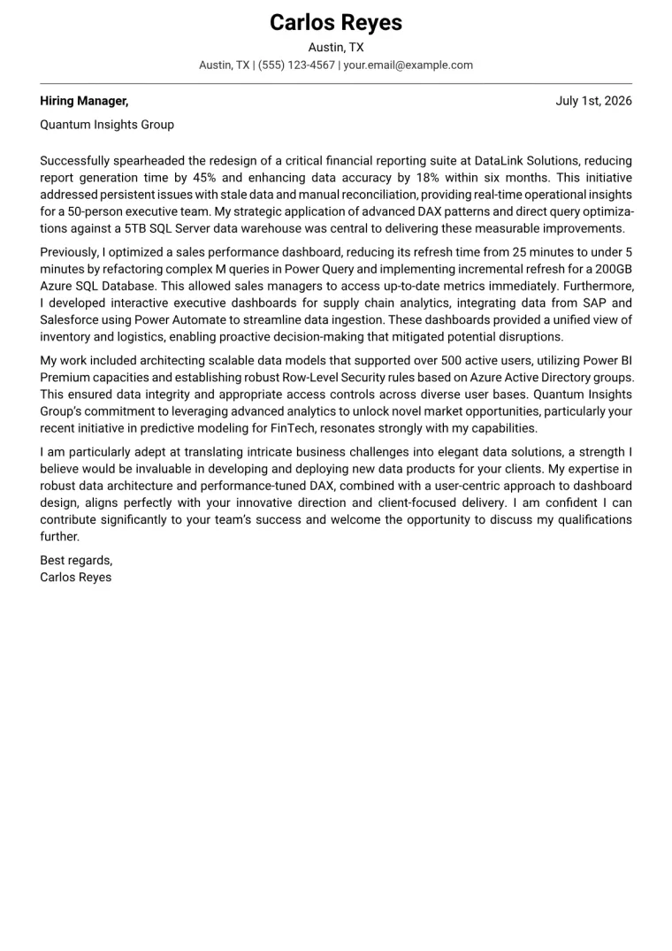 Power BI Developer cover letter example preview