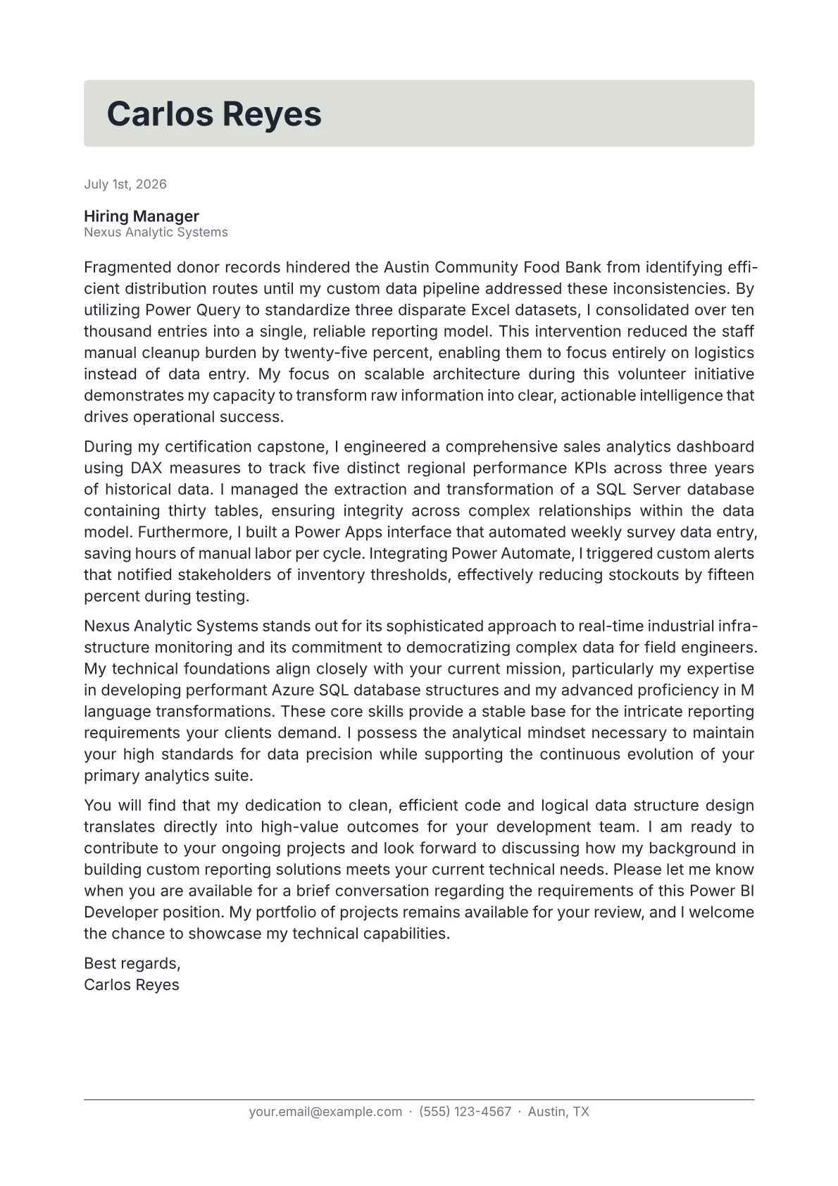 Power BI Developer cover letter in the Letterhead design