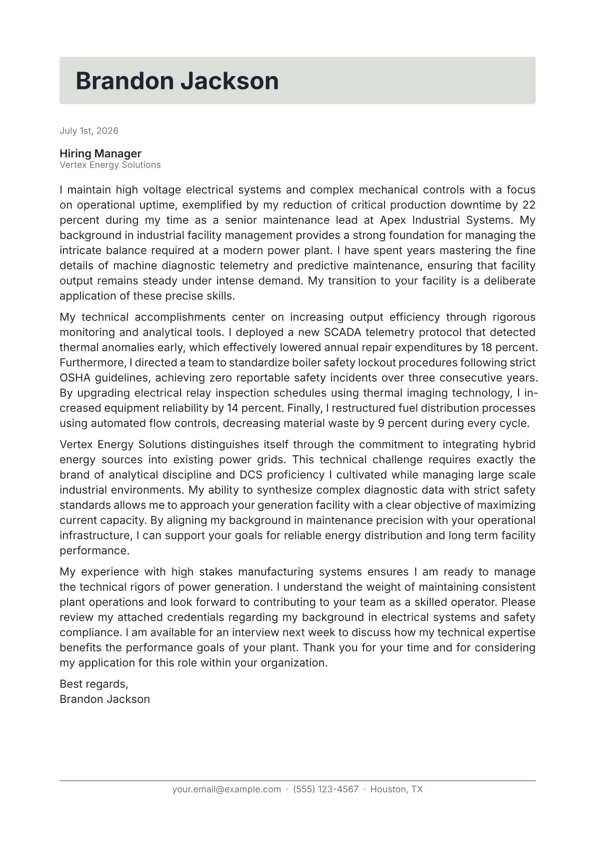 Power Plant Operator cover letter in the Letterhead design