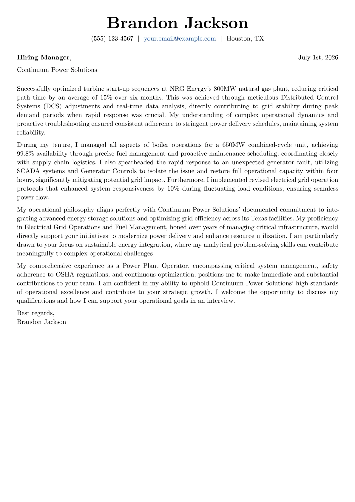 Power Plant Operator cover letter formatted with a JobSprout template