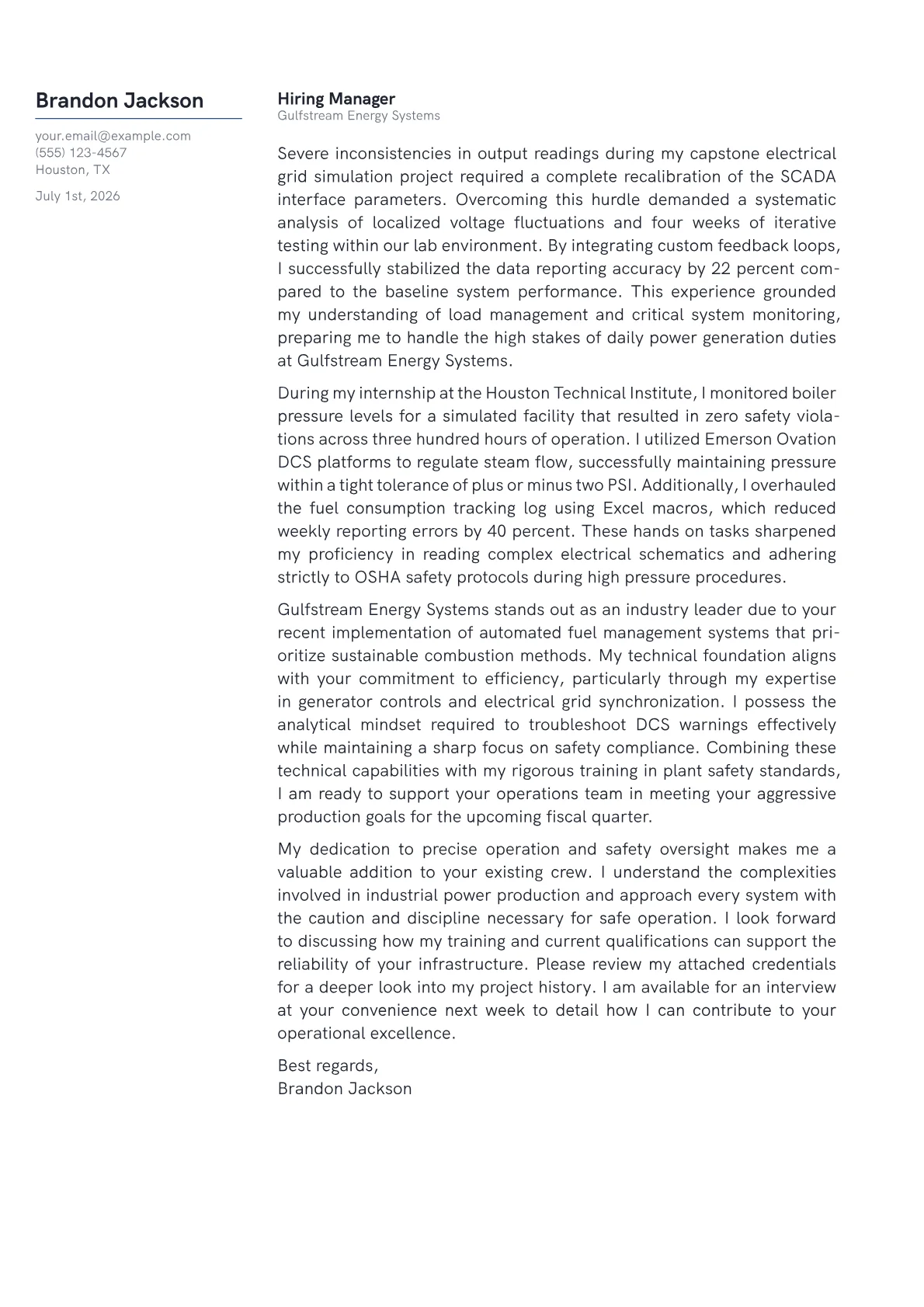 Power Plant Operator cover letter in the Margin design
