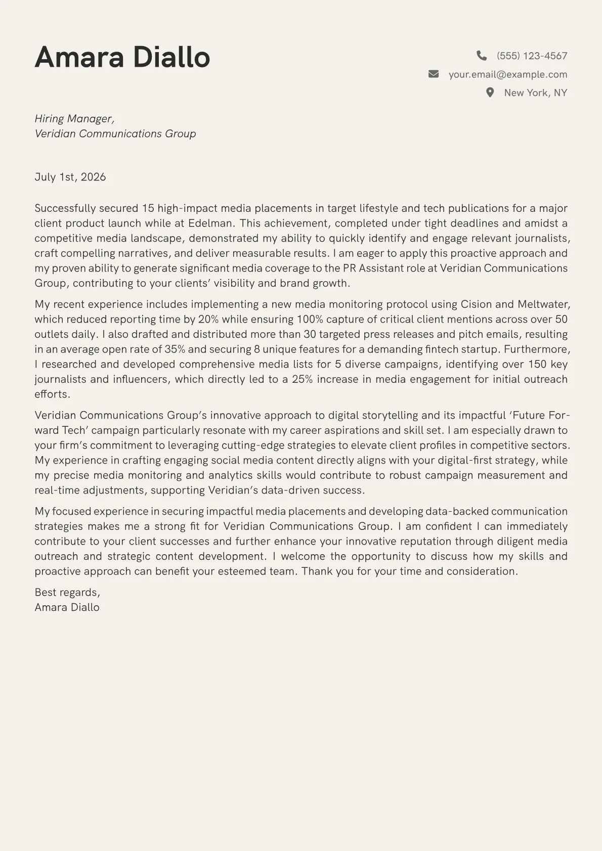 PR Assistant cover letter formatted with a JobSprout template