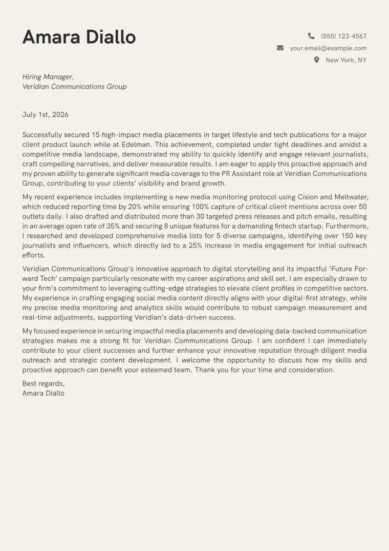 PR Assistant cover letter example preview