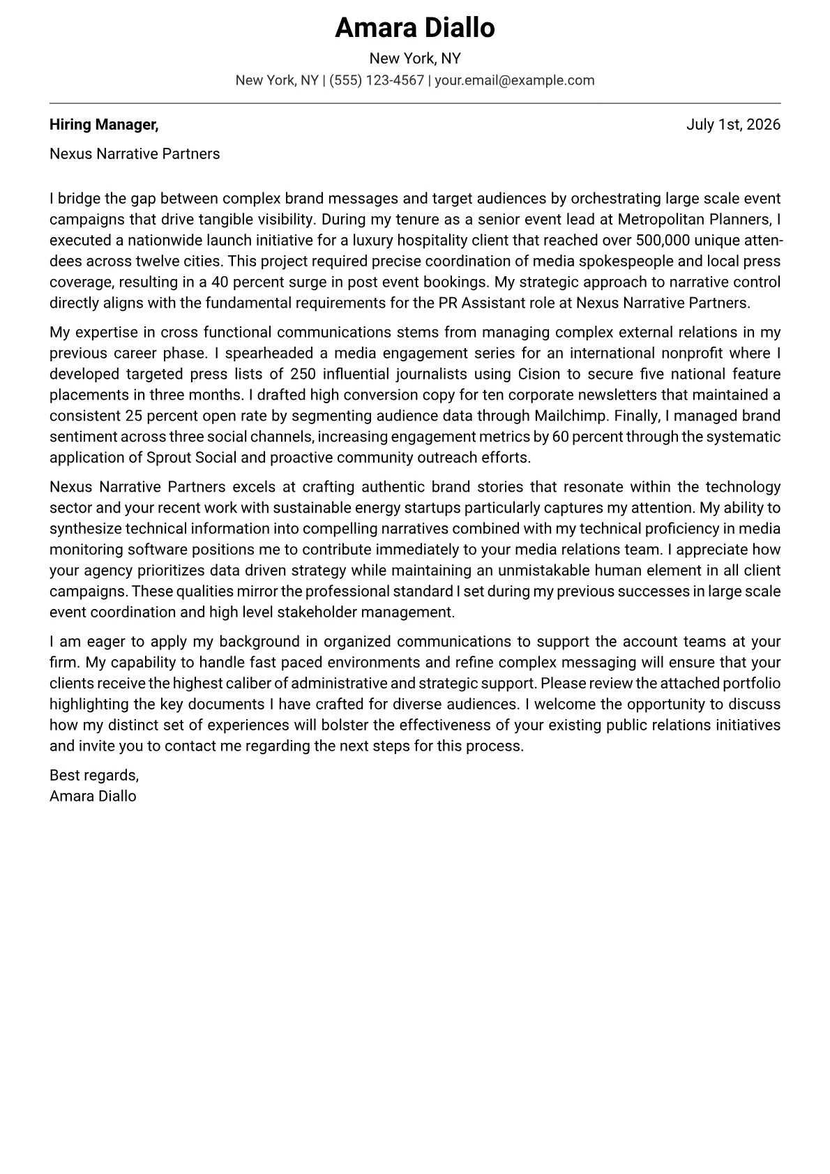 PR Assistant cover letter in the Modern design