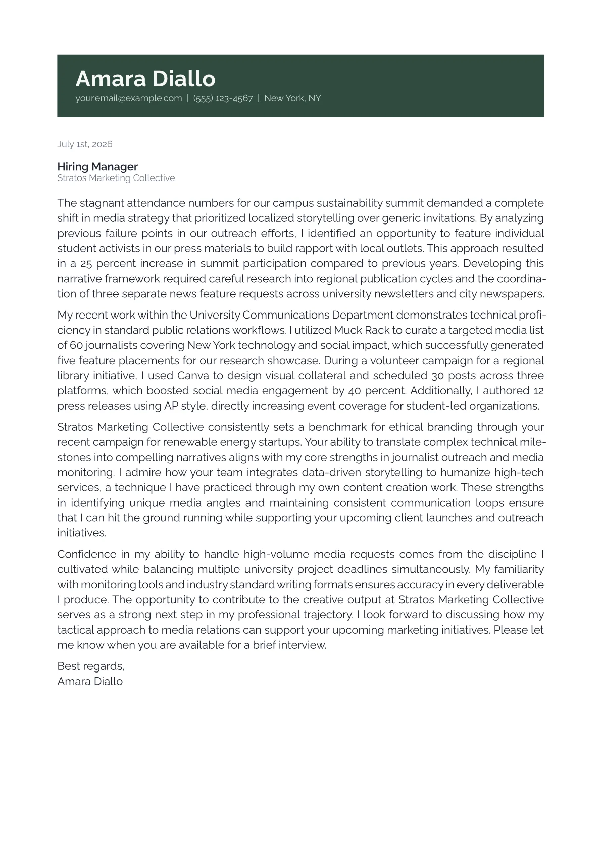 PR Assistant cover letter in the Banner design