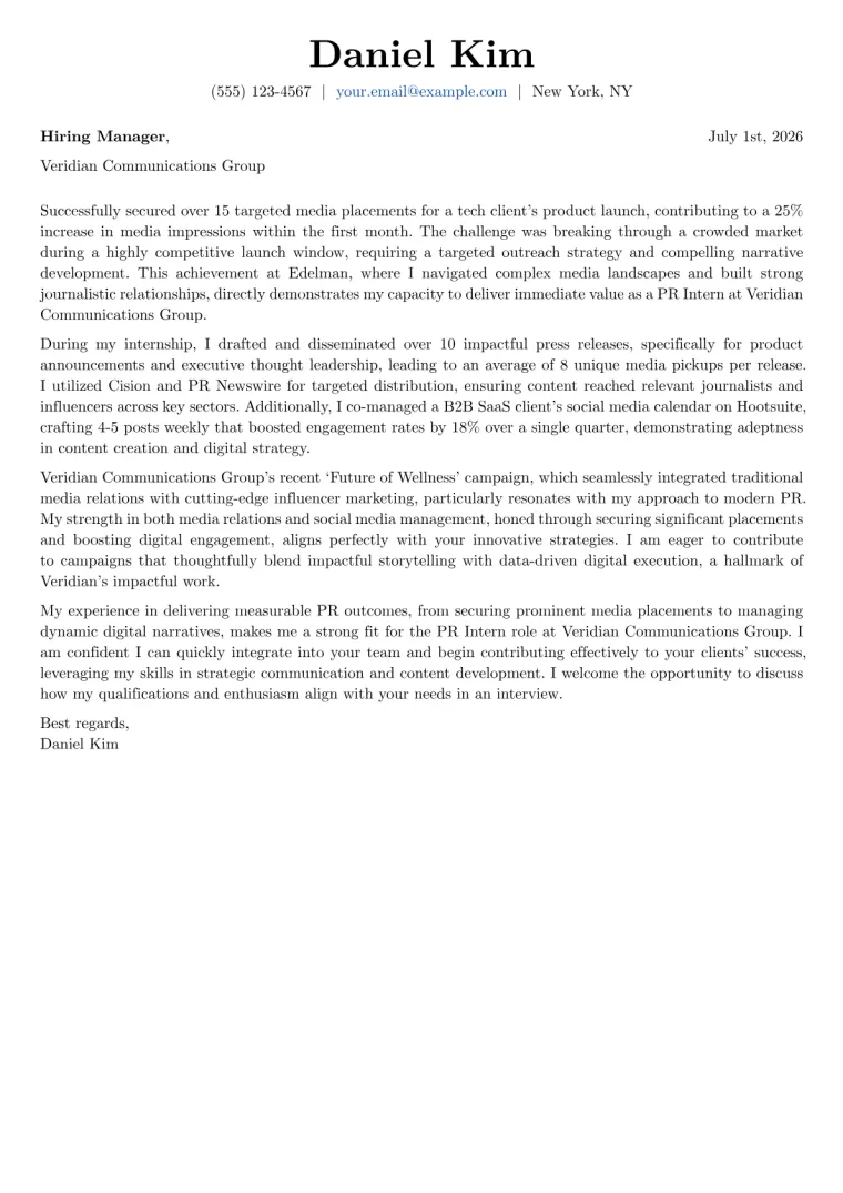 PR Intern Cover Letter Example
