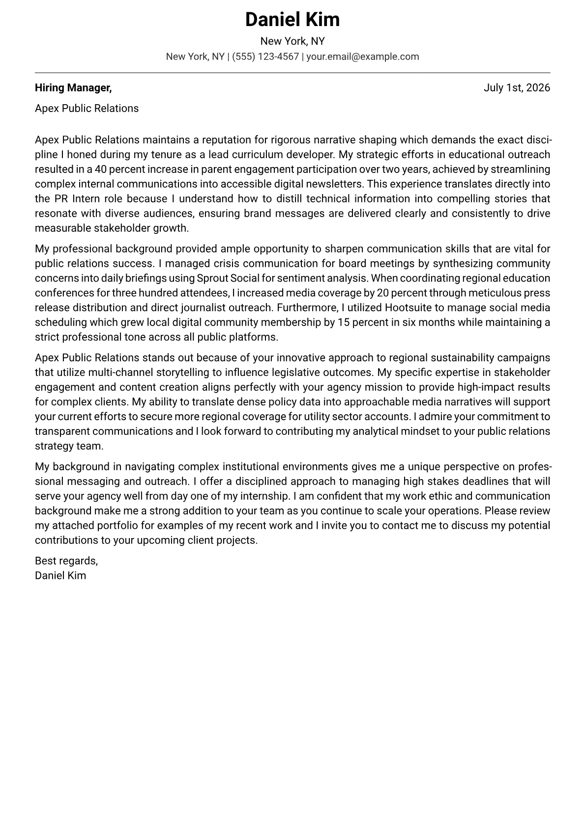 PR Intern cover letter in the Modern design