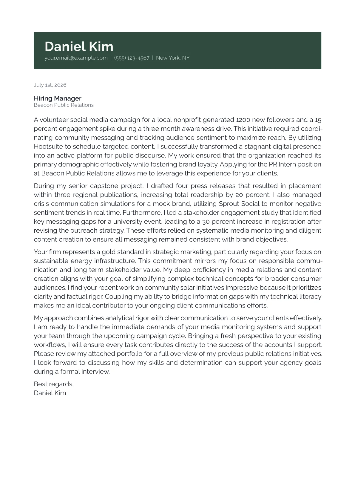 PR Intern cover letter in the Banner design