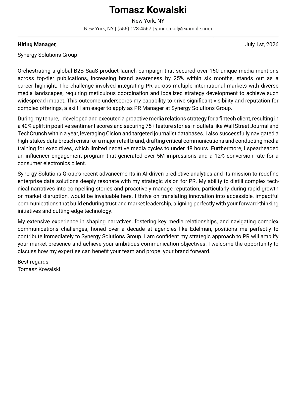 PR Manager cover letter formatted with a JobSprout template