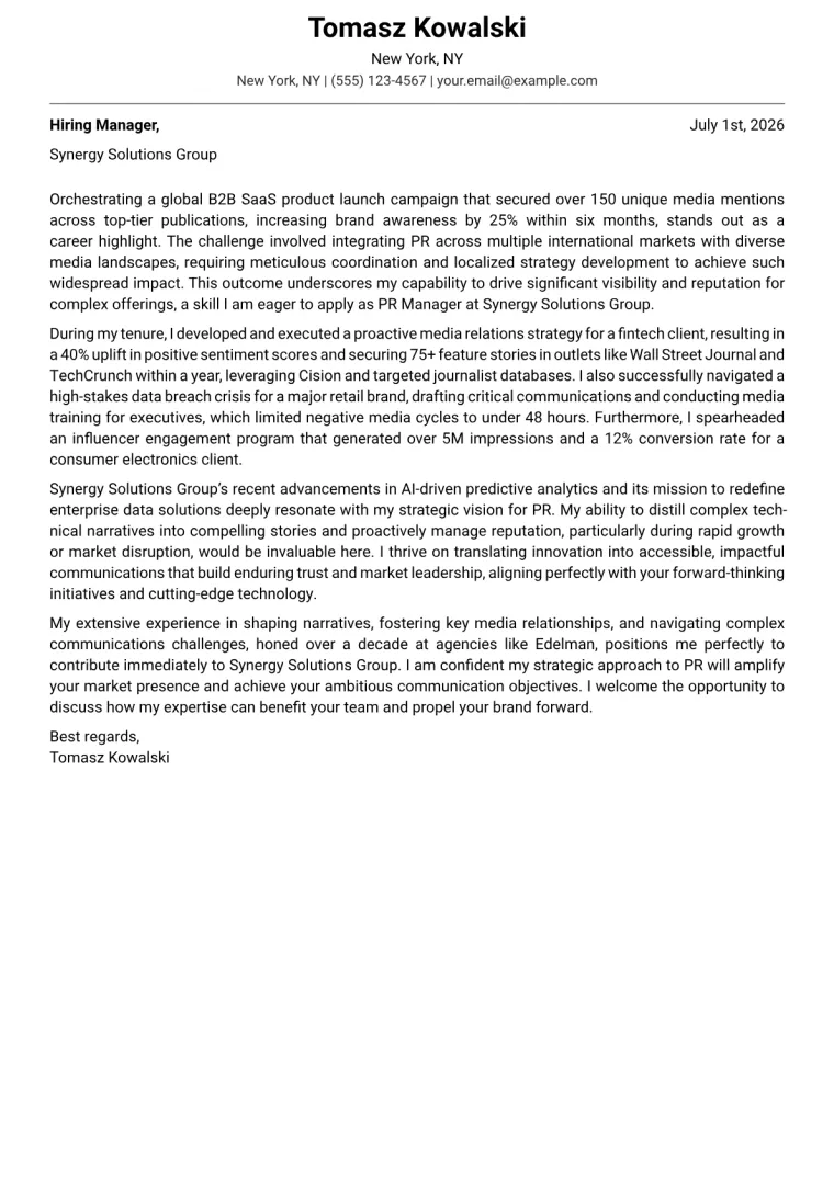 PR Manager Cover Letter Example