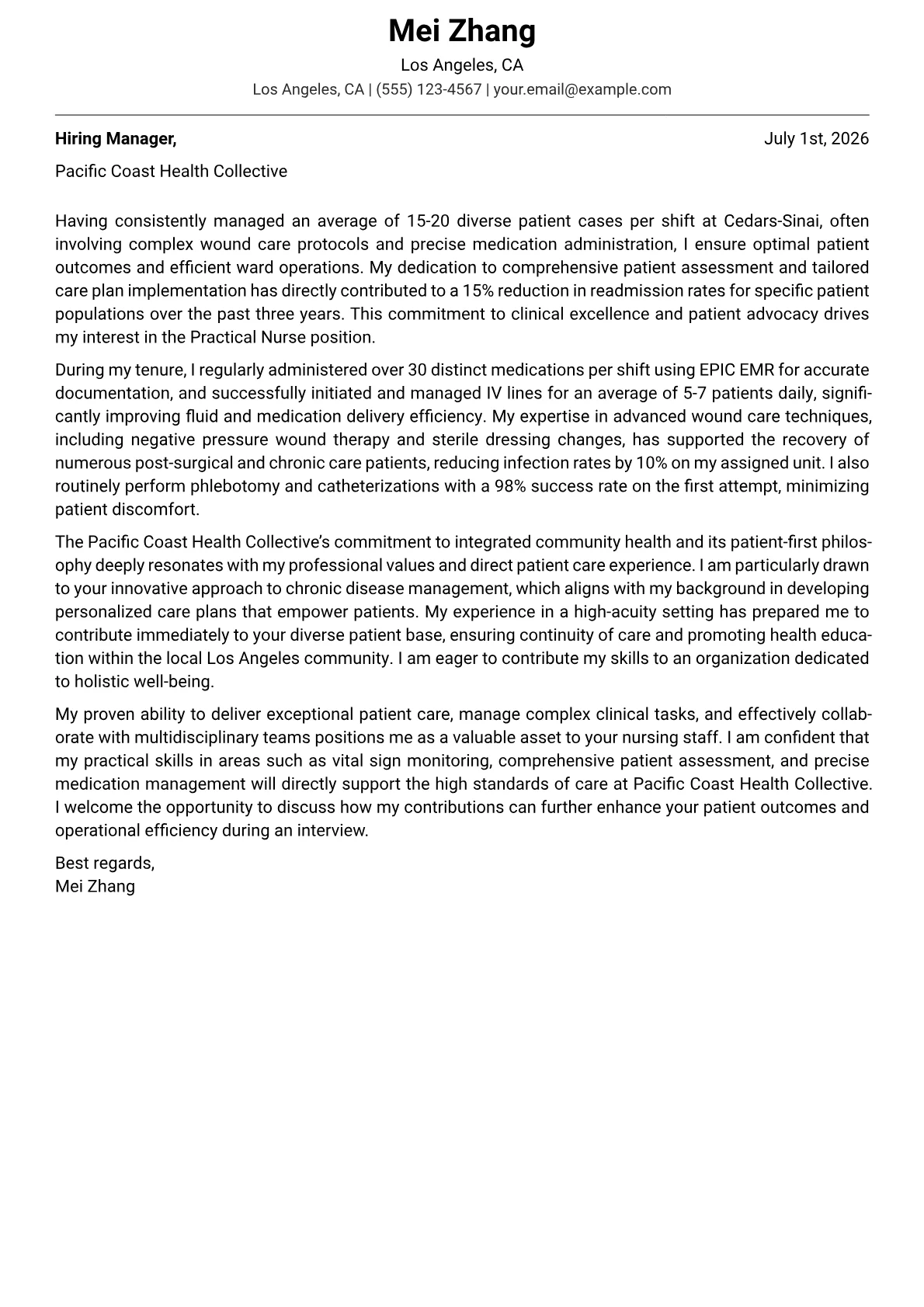 Practical Nurse cover letter formatted with a JobSprout template