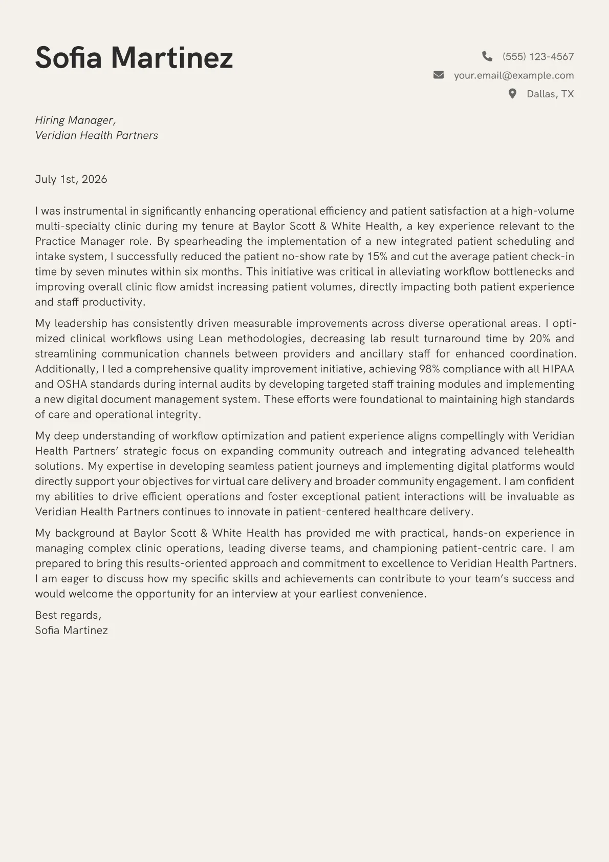 Practice Manager cover letter formatted with a JobSprout template