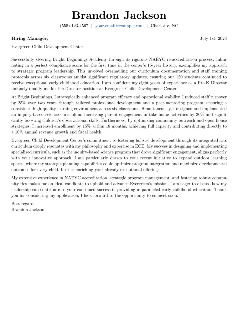 Pre-K Director Cover Letter Example + Template (2026)