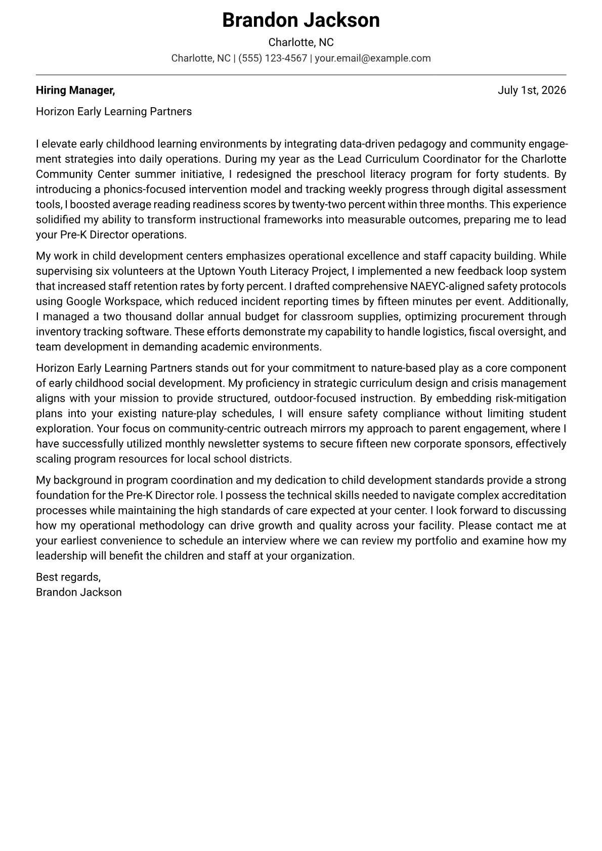 Pre-K Director Cover Letter Example + Template (2026)
