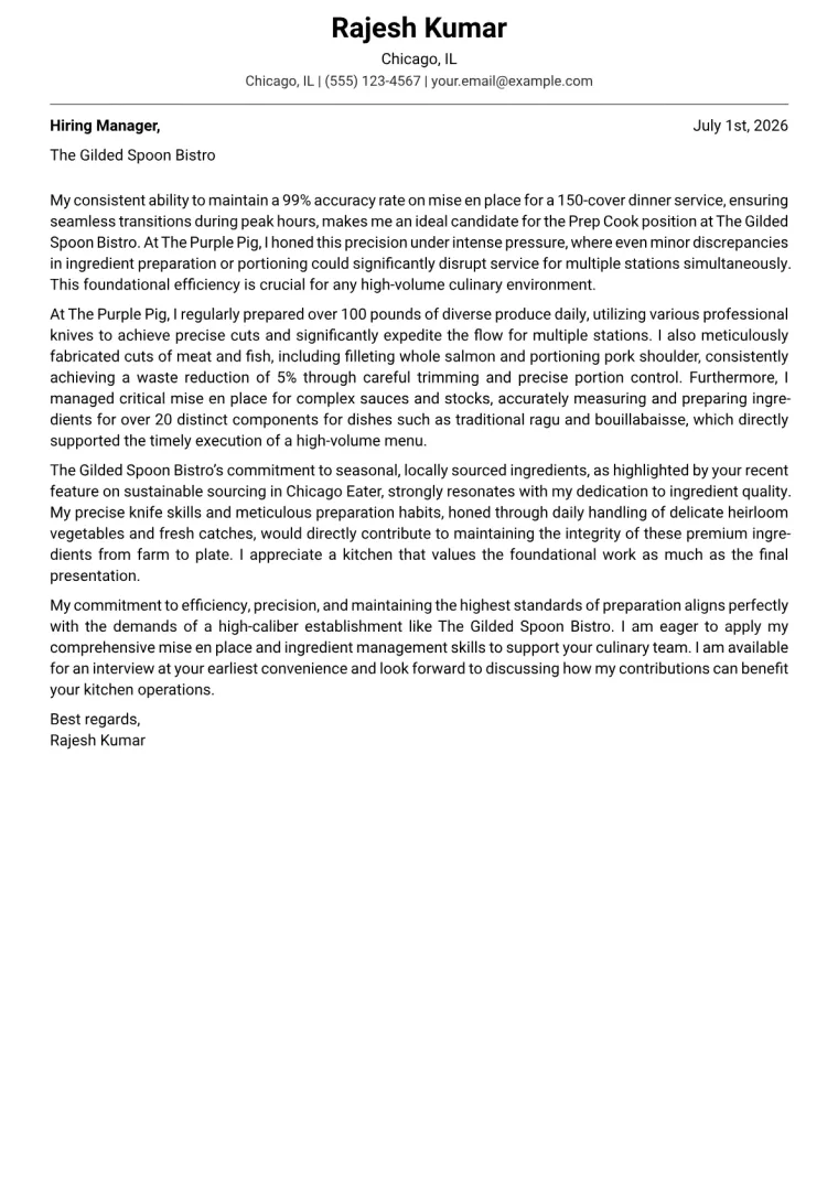 Prep Cook cover letter example preview