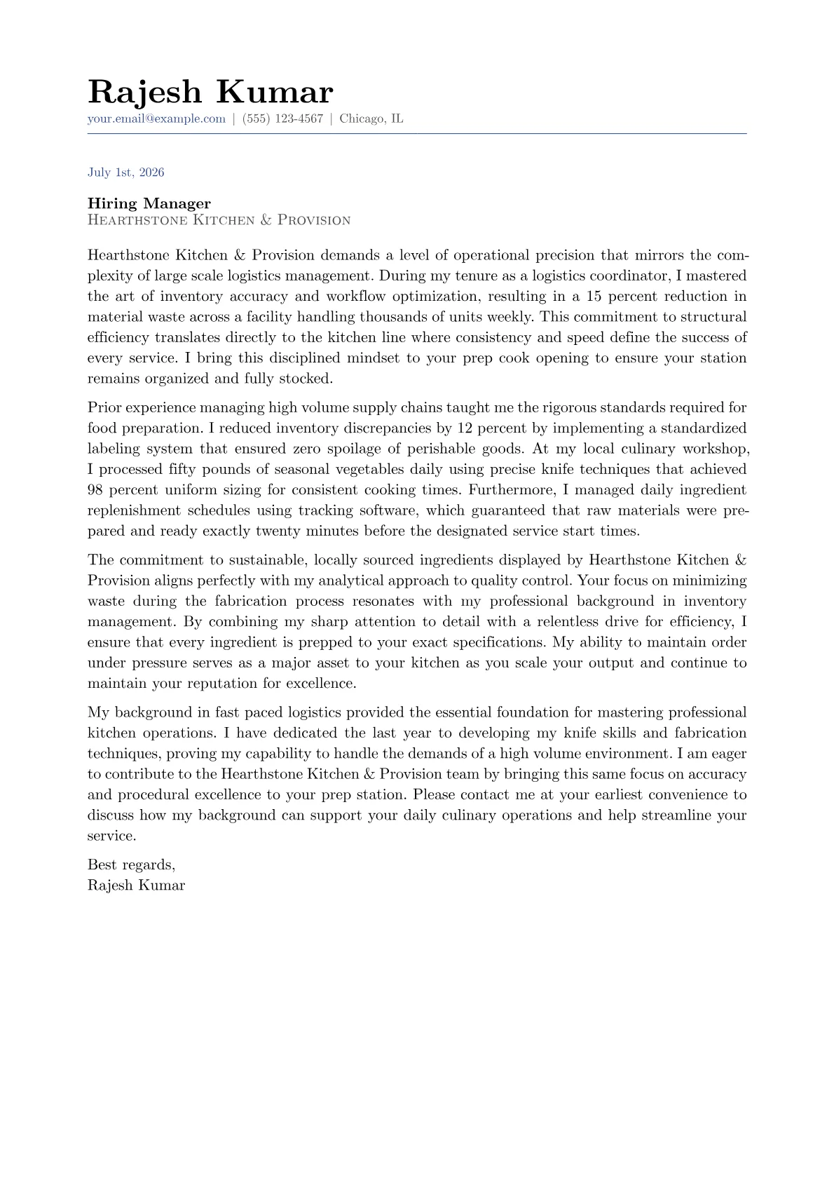 Prep Cook cover letter in the Classic design