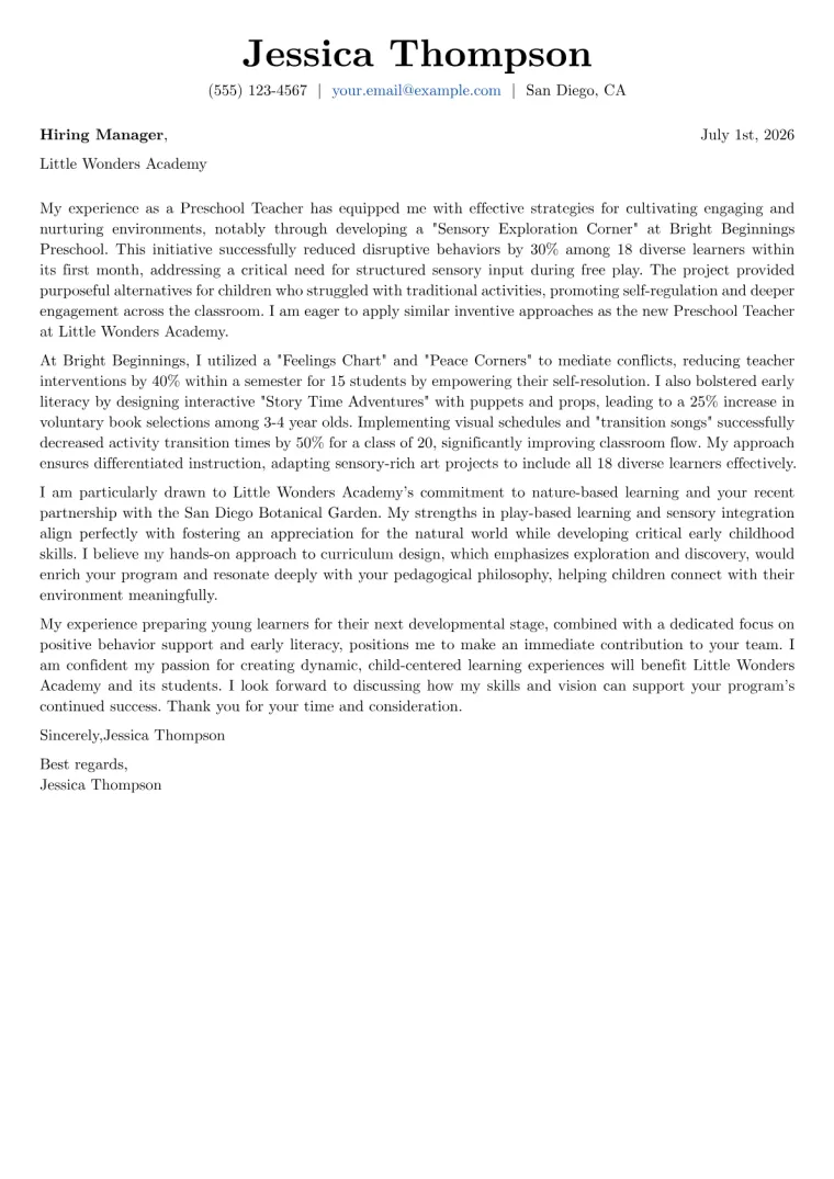 Preschool Teacher Cover Letter Example