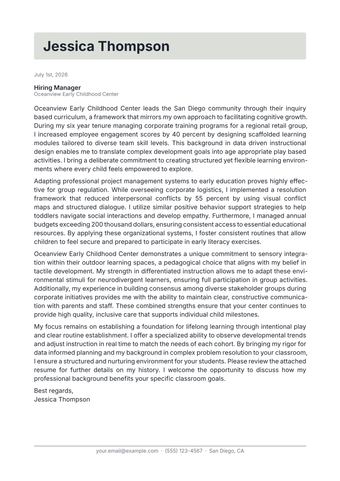 Preschool Teacher cover letter in the Letterhead design