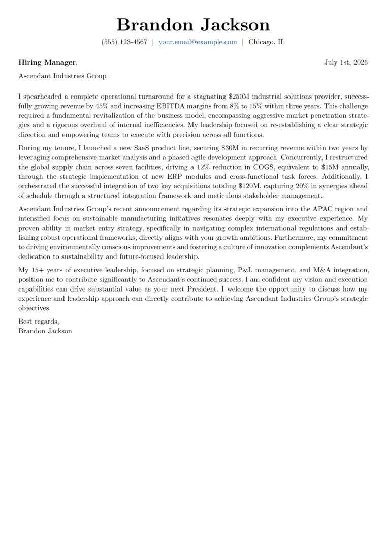 President cover letter example preview