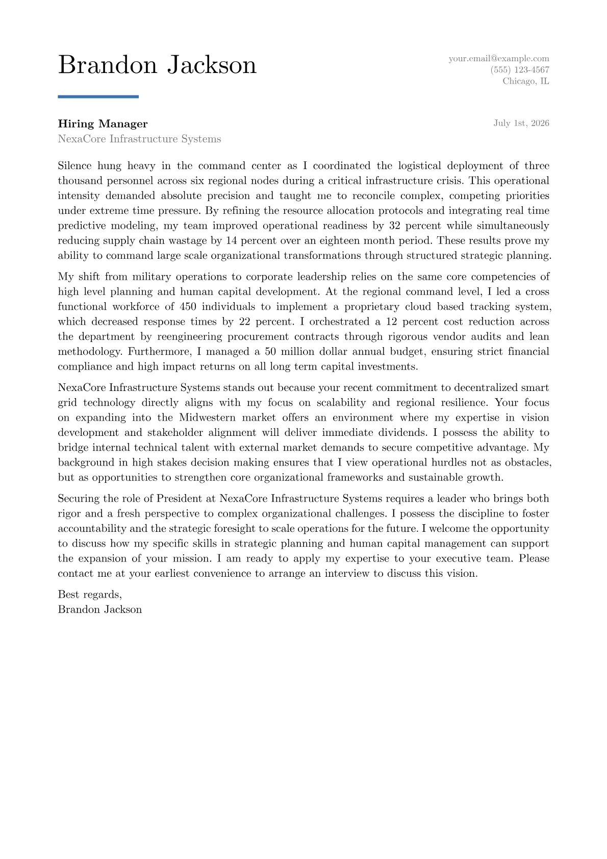 President cover letter in the Executive design