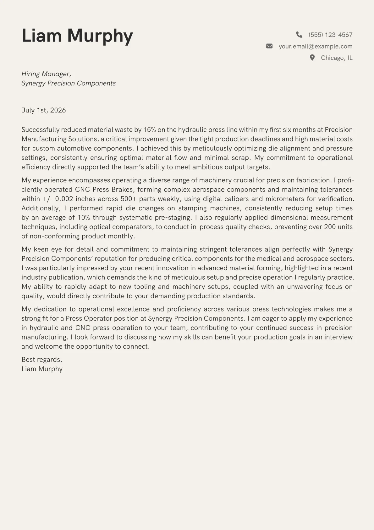 Press Operator cover letter formatted with a JobSprout template