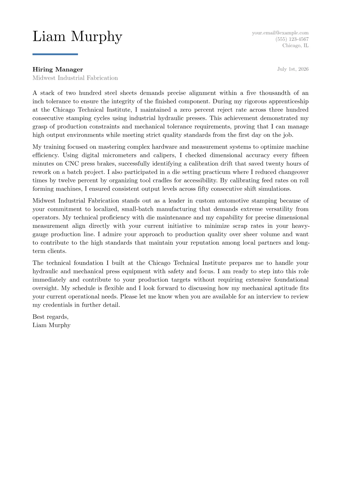 Press Operator cover letter in the Executive design