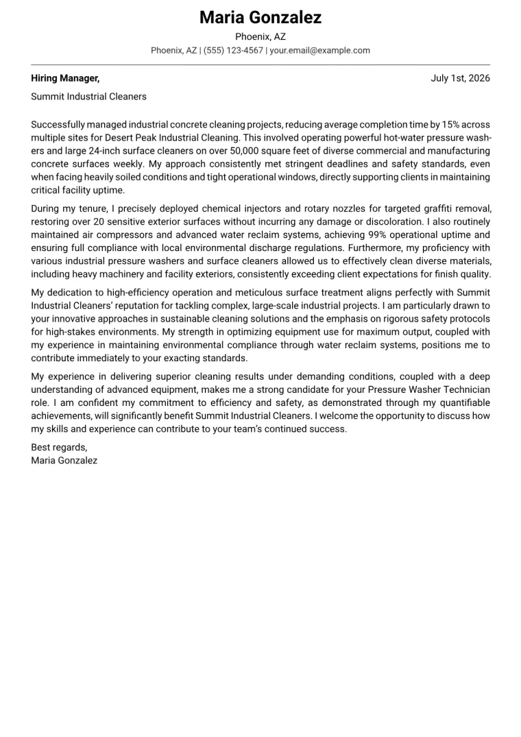 Pressure Washer Technician Cover Letter Example (2026)