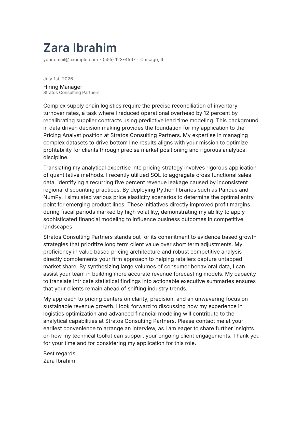 Pricing Analyst cover letter in the Minimal design