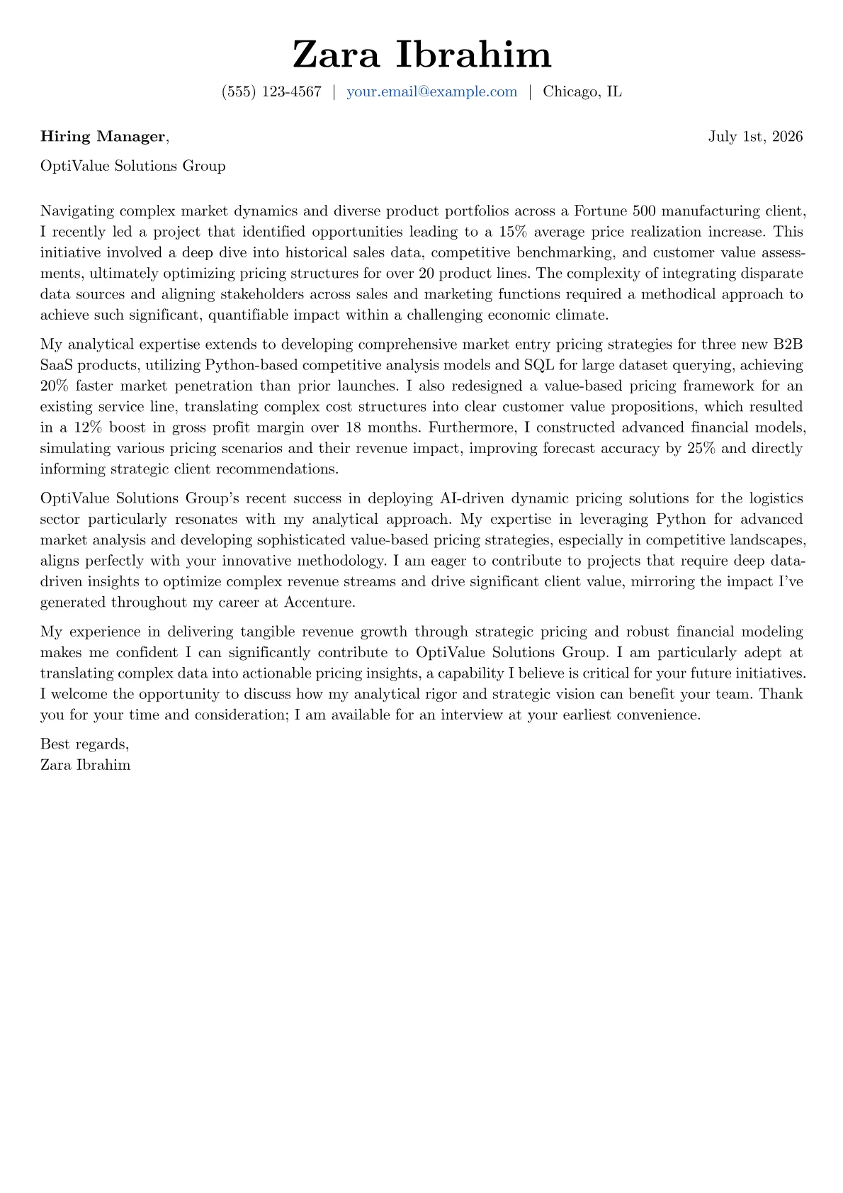 Pricing Analyst cover letter formatted with a JobSprout template