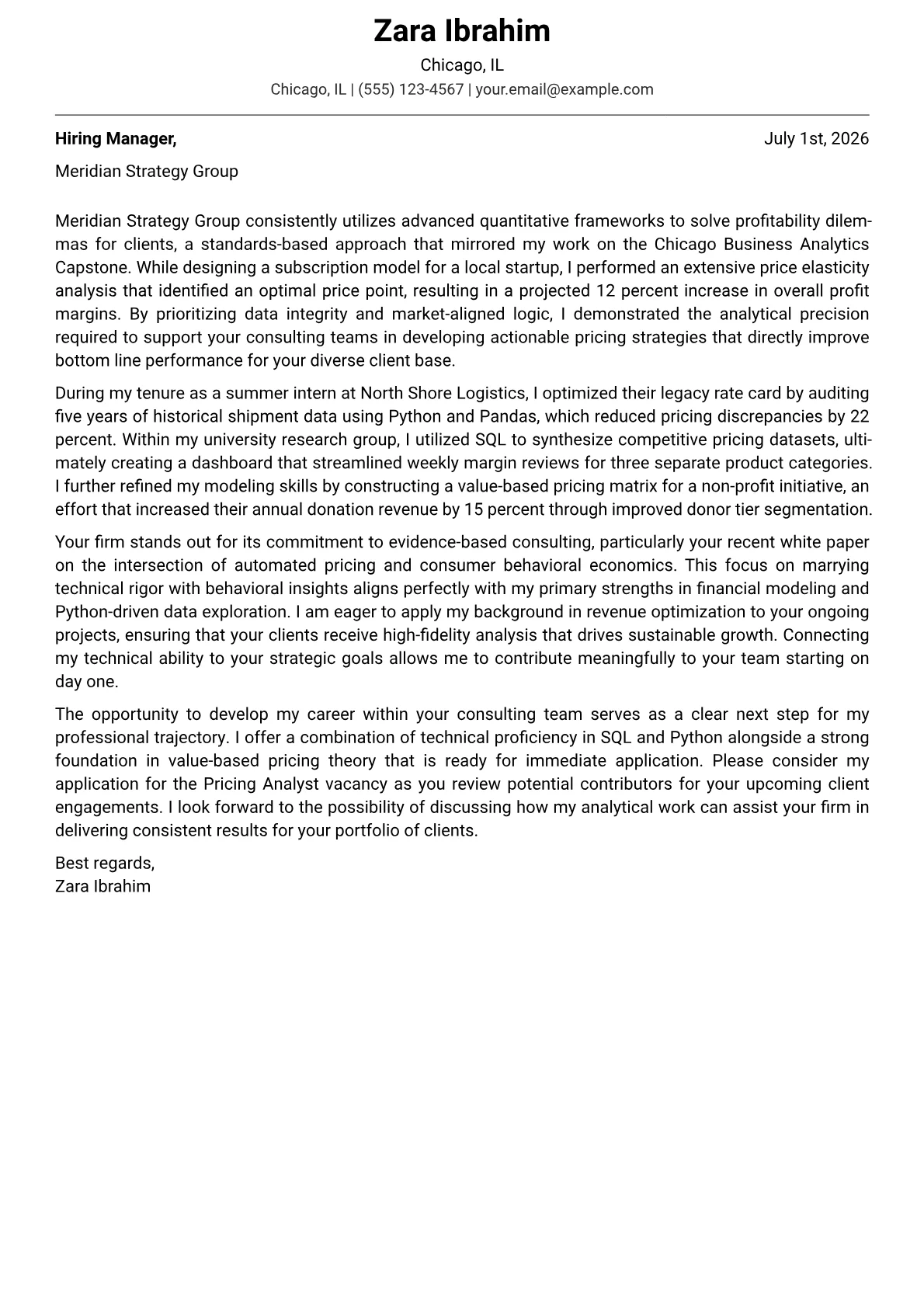 Pricing Analyst cover letter in the Modern design