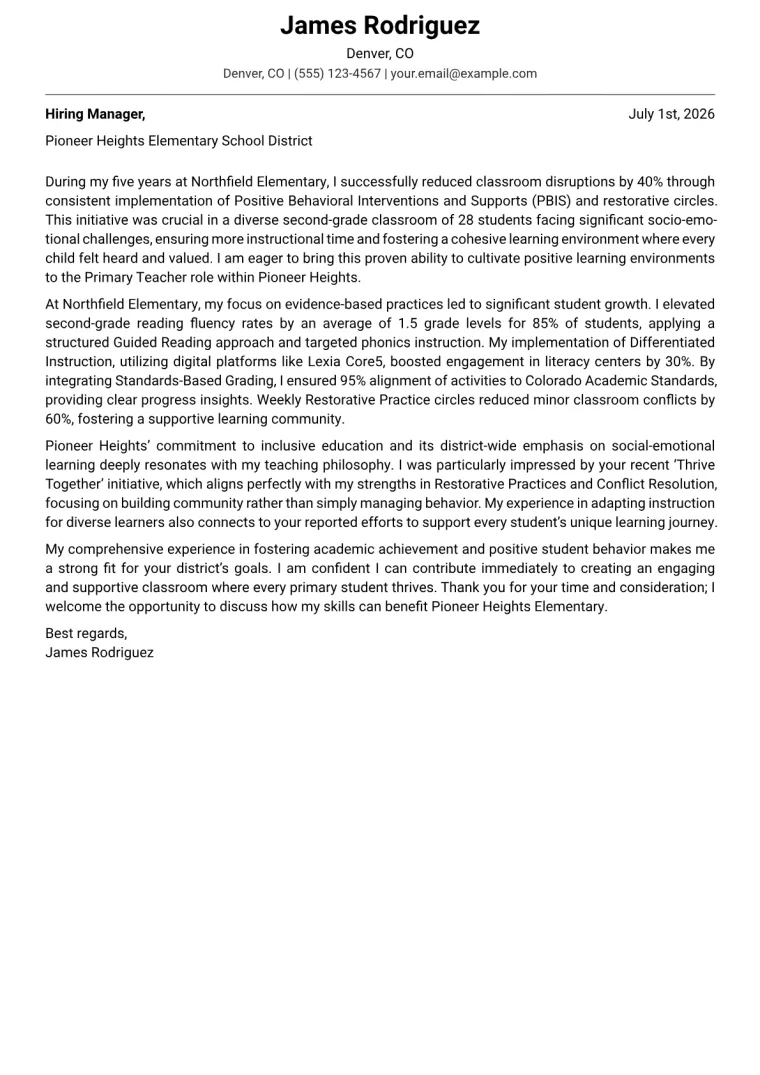 Primary Teacher cover letter example