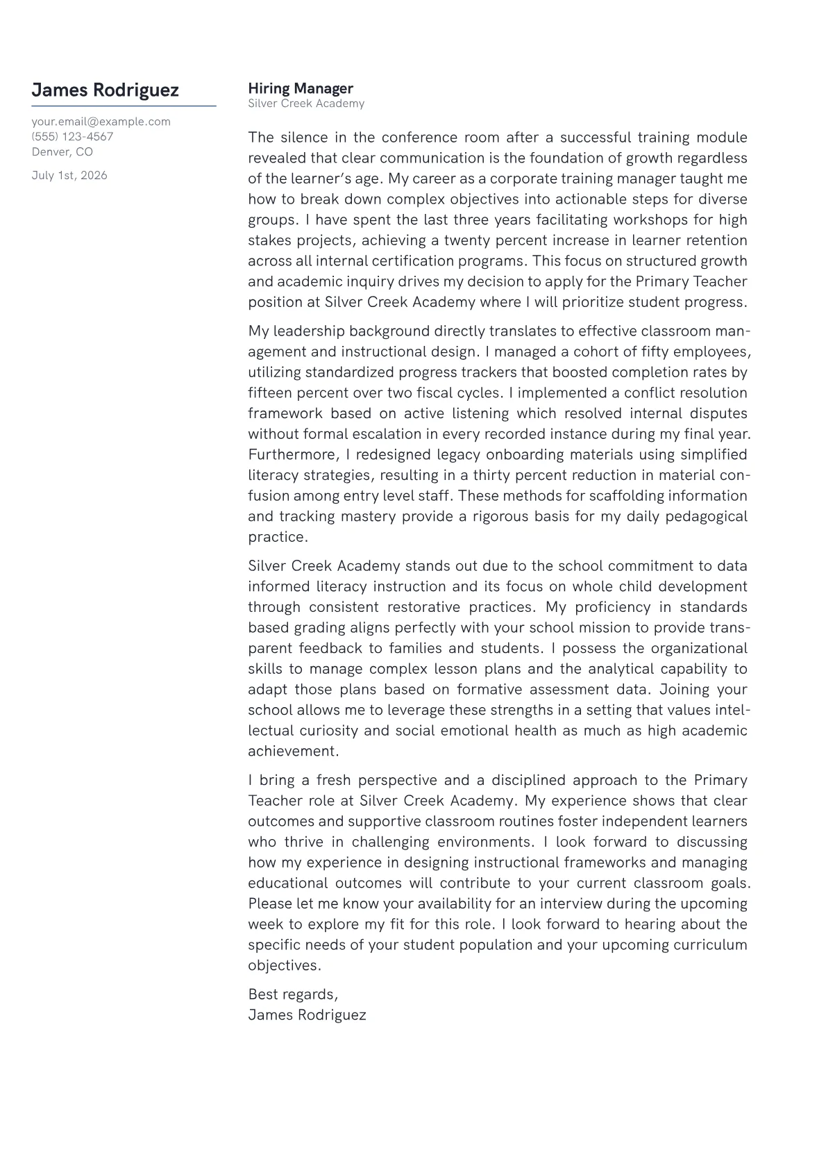 Primary Teacher cover letter in the Margin design