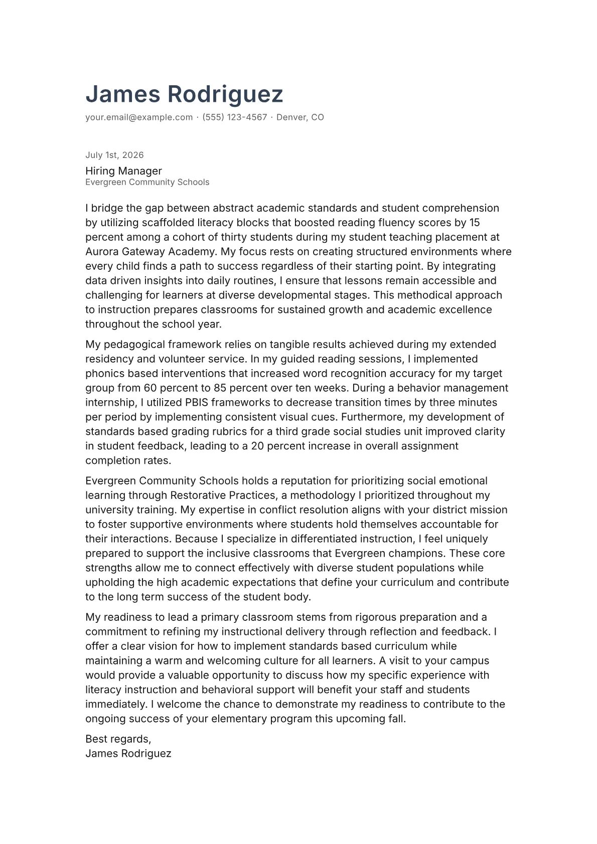 Primary Teacher cover letter in the Minimal design