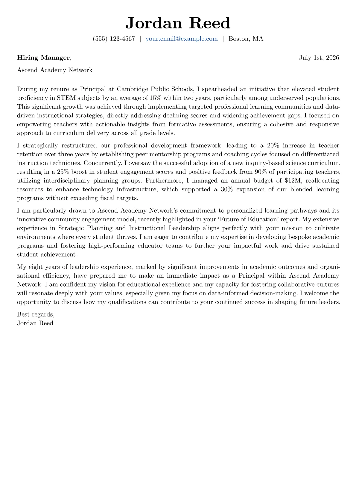 Principal cover letter formatted with a JobSprout template