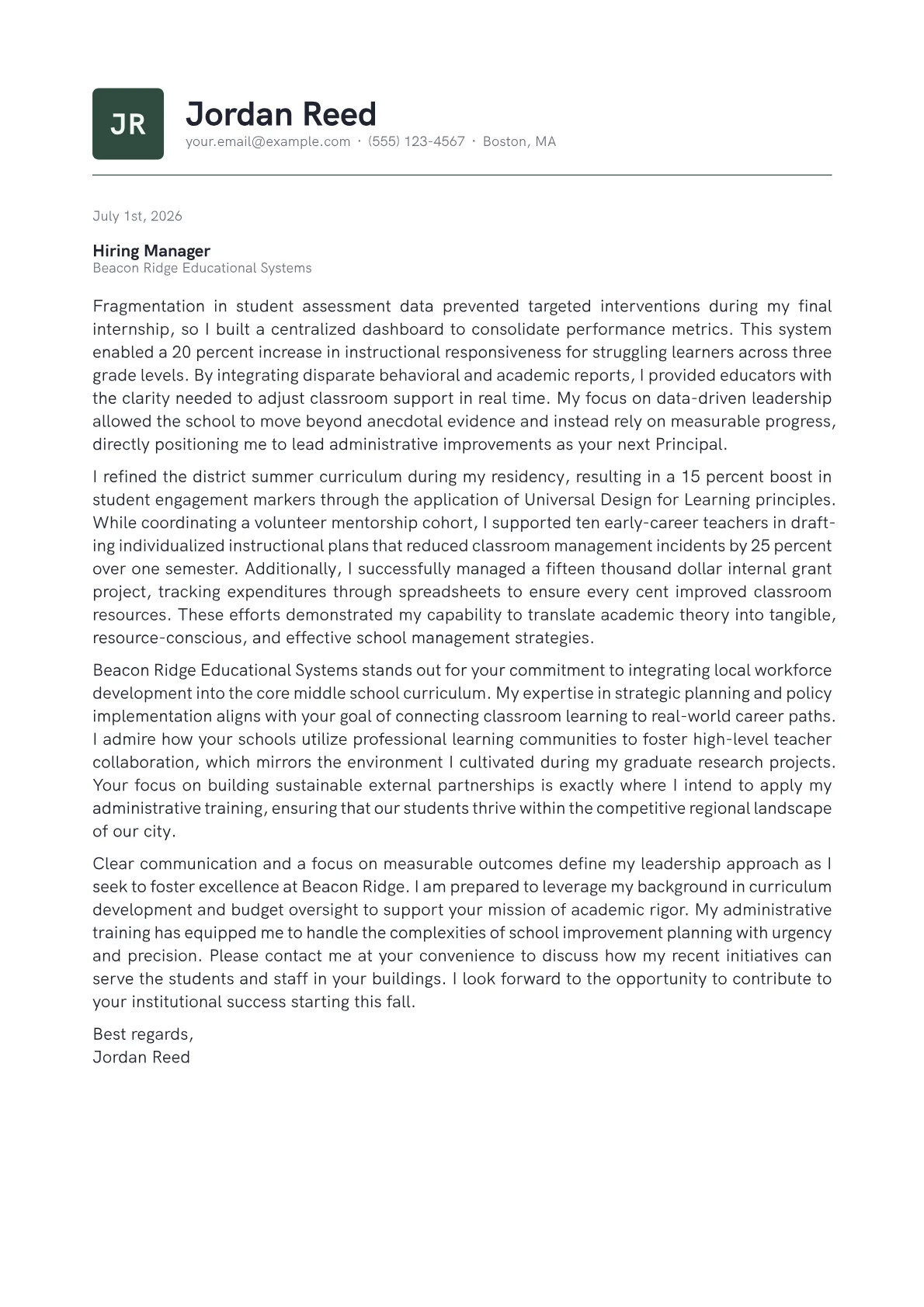 Principal cover letter in the Emblem design